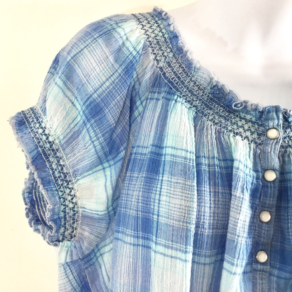 Bandolinoblu Blue Plaid Peasant Top
